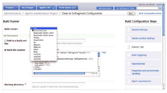 Figure 1 Configuration in TeamCity: selecting a build runner (such as MSBuild or NAnt)