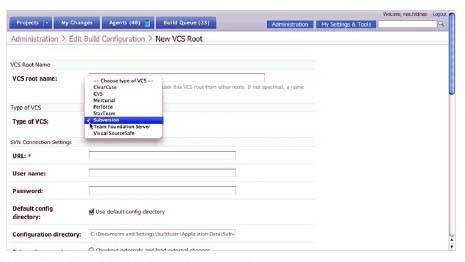 Figure 3 Selecting a VCS for the .NET project build (with Subversion) Figure 3 Selecting a VCS for the .NET project build (with Subversion)