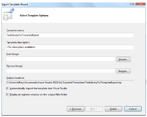 Template options include the export path as well as an option to import the template into Visual Studio